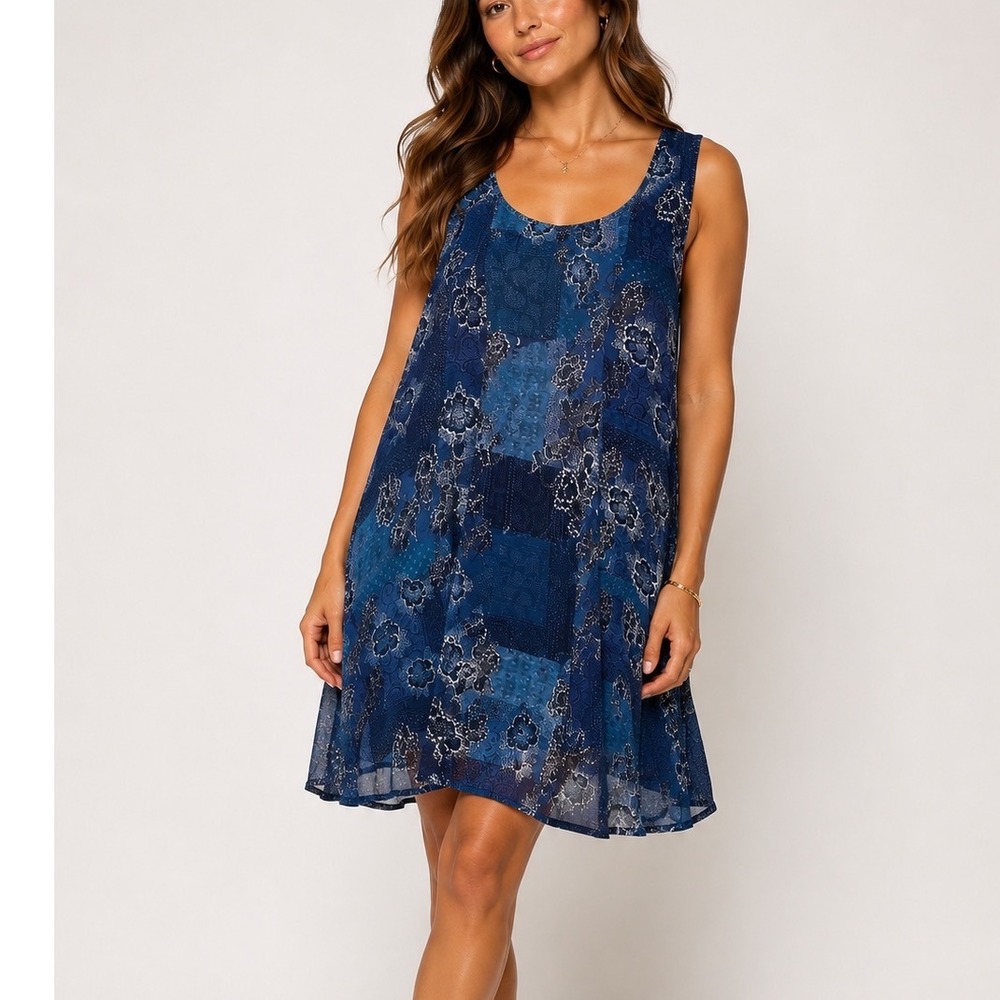 Faherty Silk Patchwork Floral Dress Womens Large Blue Sleeveless‎ Boho Coastal